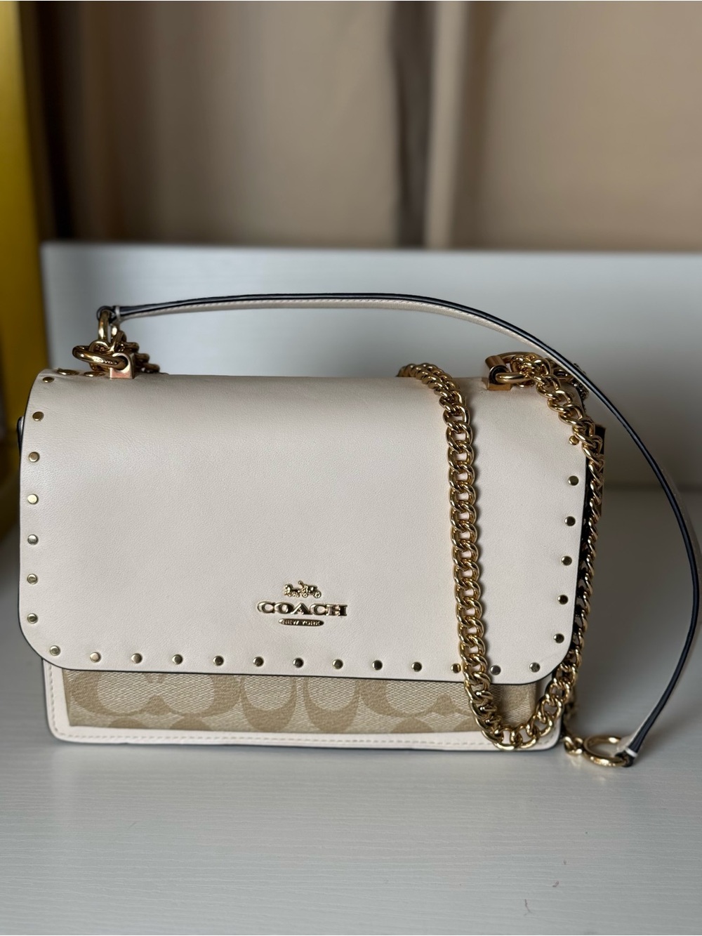 Coach Cream and Tan Signature Chain Shoulder Bag